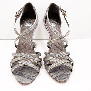 {Tory Burch} Grey Snakeskin & Gold Trim Strappy Heels